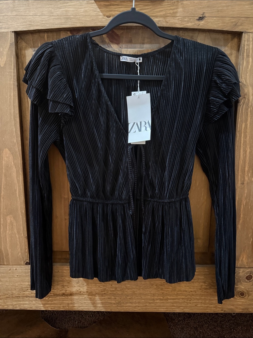Zara Black Pleated V-Neck Ruffle Shoulder Top
